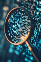 A magnifying glass hovering over a dense matrix of binary code, with the numbers under the lens appearing larger and more vivid.