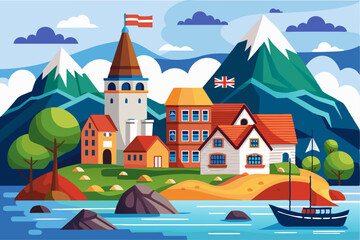 Picturesque Coastal Town with Mountains and a Sailboat