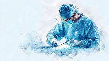 Watercolor of a Surgeon Performing an Incision with a Scalpel in a Light Blue Medical Setting
