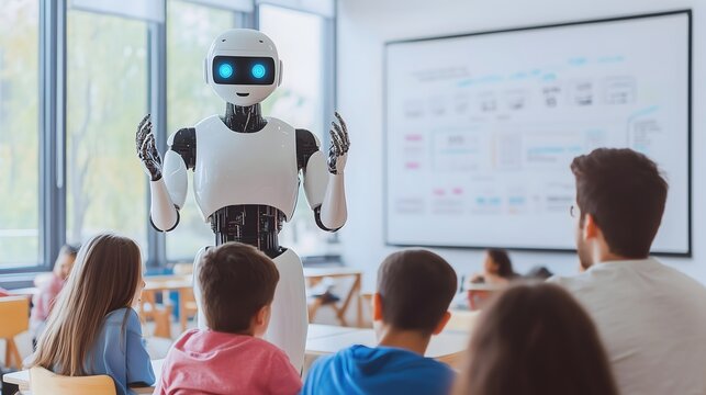 robot teacher conducting a class modern education