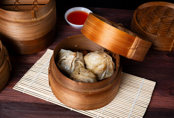 Dimsum. Chinese meal made from chicken, fish, or shrimp meat covered with dimsum skin. Perfect for recipe, article, catalogue, or any cooking contents.