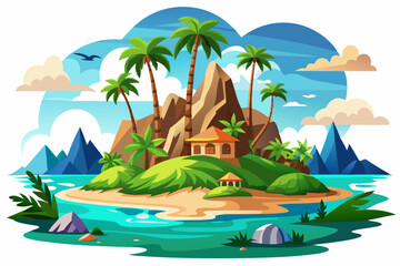 Obraz premium Tropical Island with a Small House, Palm Trees, and Mountains