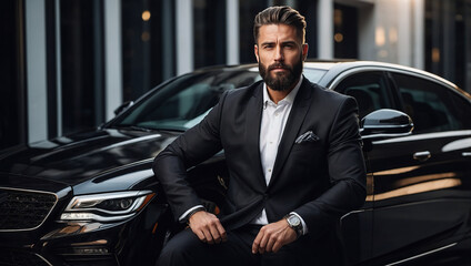 A confident male businessman in a sleek black suit poses with a luxury car, exuding power and sophistication.