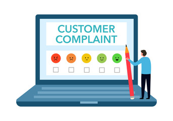 Man writing feedback and opinion on laptop computer screen customer complaint page. Review from client. Consumer made complaint for service.