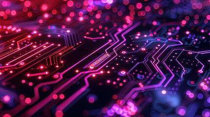 Fototapeta premium Circuit board microchips with pink and purple backlight. Nanotechnology sustainable background.