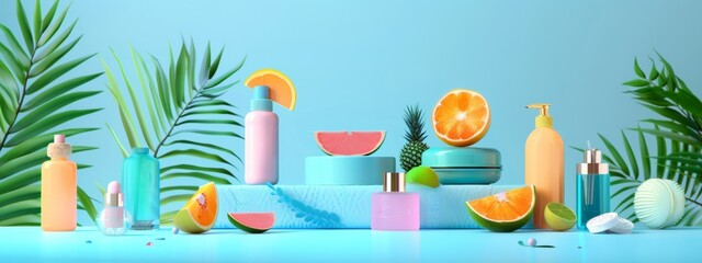 Tropical skincare products displayed with fresh fruits on a blue background