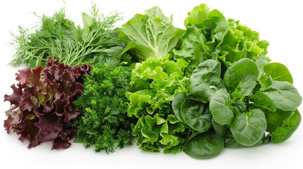 Naklejka premium Greens, spinach, lettuce, dill, parsley and onion on white background.