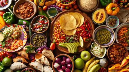 Fototapeta premium Hispanic Heritage month background. Close up of Mexican traditional foods in vibrant color tone, top view.
