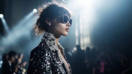 A stylish model stands confidently in stunning sunglasses and a sparkling outfit. The fashion show lights create a glamorous ambiance. Perfect for editorial and fashion content. AI