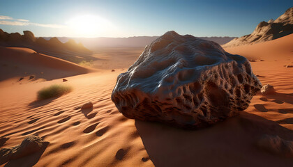 High-resolution meteorite in desert, rough surface detail under harsh sunlight, realistic image