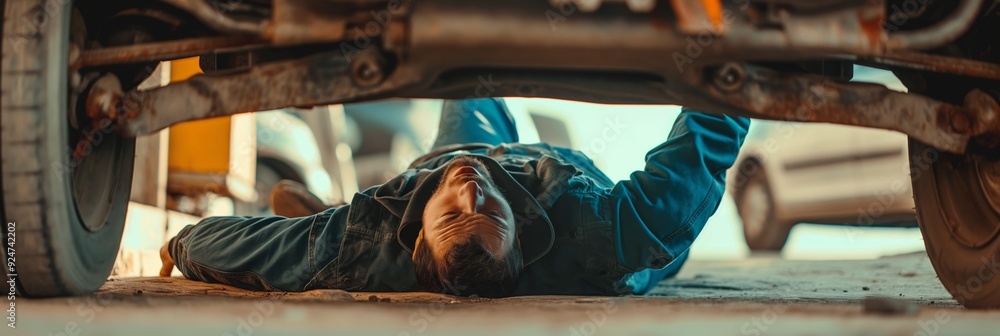 Poster a skilled mechanic is inspecting the underside of a vehicle in a workshop, reflecting technical prof