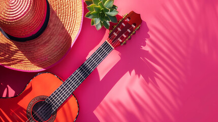 Hispanic Heritage month background. A traditional Mexican sombrero hat and a flamenco guitar on vibrant plain pink background, top view.
