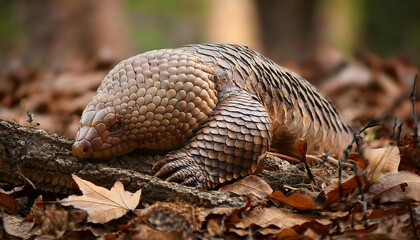 Fototapeta premium High-detail pangolin in defensive ball posture, realistic close-up on forest floor with leaves
