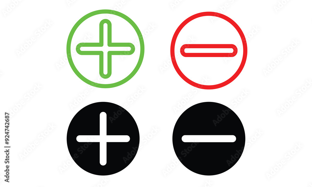 Poster red ang green round plus and minus icons set with different thicknesses. add and subtract icon set f