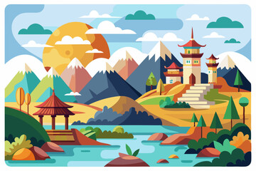 Obraz premium Mountainous Landscape with Asian Temple and River
