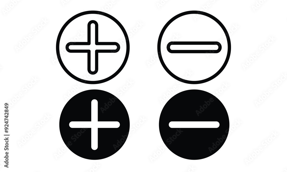 Poster round plus and minus icons set with different thicknesses for web site and mobile app. vector