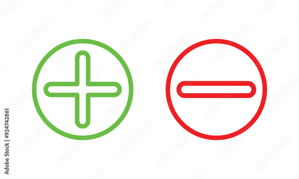 Poster round plus and minus icons set with different thicknesses for web site and mobile app. vector