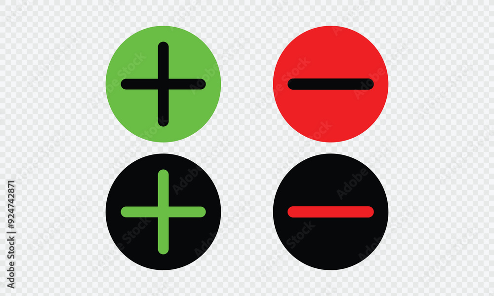 Poster round plus and minus icons set with different thicknesses for web site and mobile app. vector