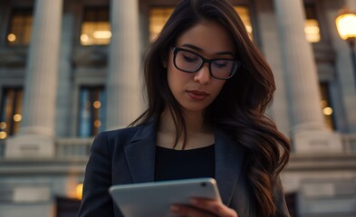 Fototapeta premium A woman wearing glasses is using a tablet computer near a building with columns in the background.