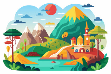 Naklejka premium A Picturesque Mountain Landscape with a Majestic Castle