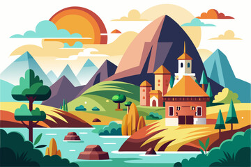 A Picturesque Village Nestled Among Majestic Mountains Under a Setting Sun