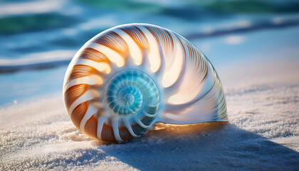 High-detail iridescent nautilus shell on ocean floor, realistic photo with sunlight reflections