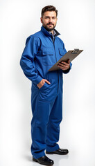 A man in a blue coverall suit holding a clipboard standing against a white background.