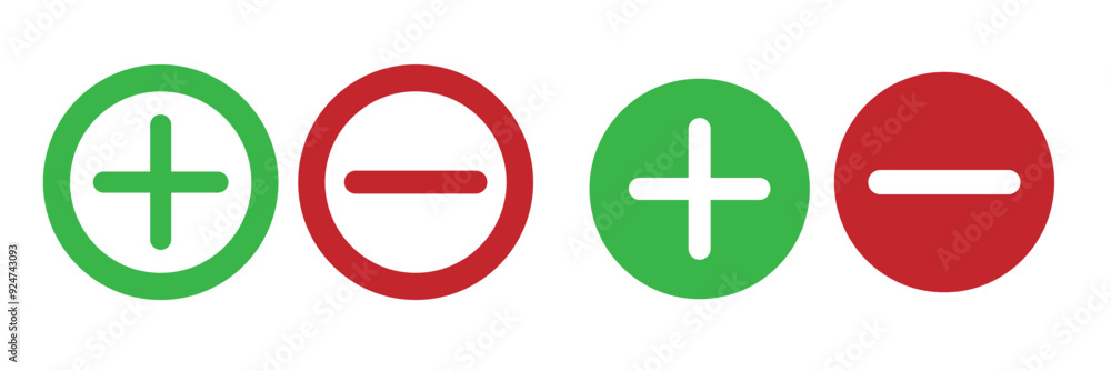 Poster round plus and minus icons set with different thicknesses. vector.