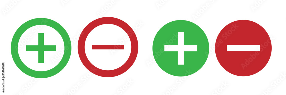 Poster round plus and minus icons set with different thicknesses. vector.