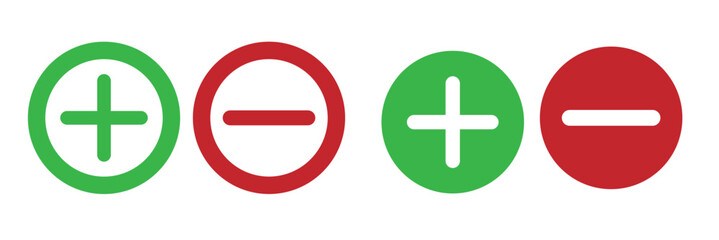 Obraz premium Round plus and minus icons set with different thicknesses. Vector. 