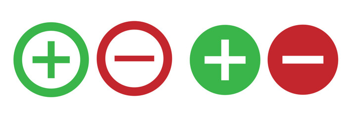 Round plus and minus icons set with different thicknesses. Vector.
