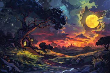 Enchanted Treehouse Under a Full Moon