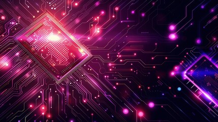 Obraz premium Circuit board microchips with pink and purple backlight. Nanotechnology sustainable background.