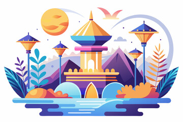 Fototapeta premium Colorful Fantasy Landscape with Tower and Streetlights