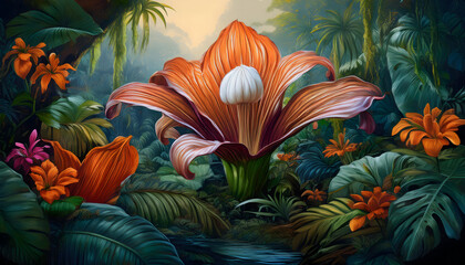 Detailed corpse flower in lush tropical jungle, rare plant in full bloom, realistic photography