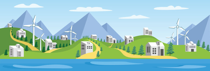 Fototapeta premium Clean energy vector stock. Wind turbine landscape art. Wind power turbine. Hill vector illustration. Mountain view vector art. Future eco city. Urban landscape.