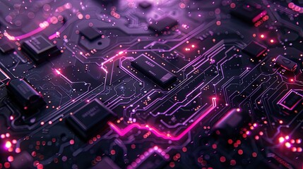 Obraz premium Circuit board microchips with pink and purple backlight. Nanotechnology sustainable background.