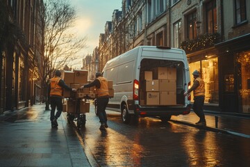 Hardworking team unloading cardboard boxes from van on busy urban street, Generative AI