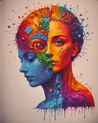 Portrait of a beautiful girl with colorful hair and creative make-up. 3d illustration