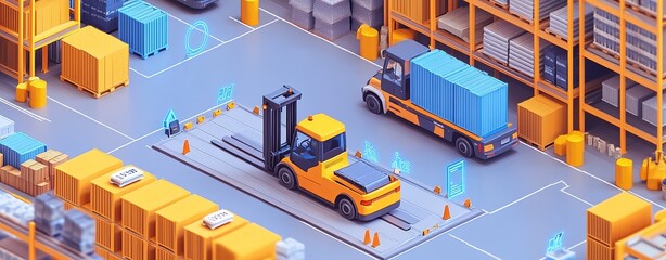 Obraz premium A futuristic isometric design of a warehouse where IoT sensors guide forklifts and trucks through efficient routes, emphasizing the benefits of modern technology in logistics