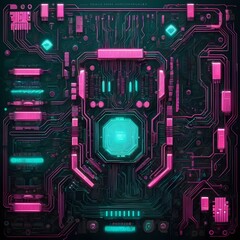 Fototapeta premium Cyberpunk Futuristic Circuit Board: Glowing Pink and Turquoise Tech Glyphs on Dark Metallic Surface, Ultra-Detailed Abstract