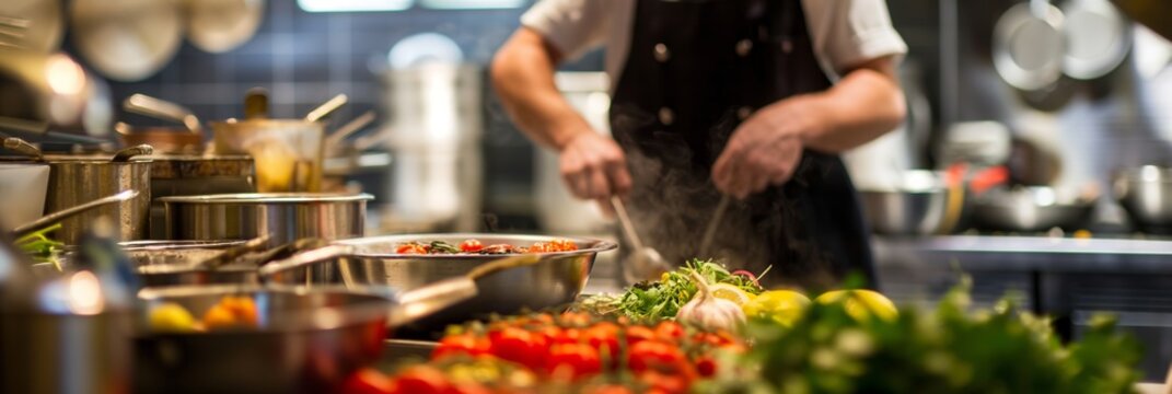 Multiple chefs are actively cooking and preparing meals in a lively and well-equipped professional kitchen, showing teamwork and dedication.