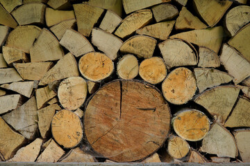 Sawn, split and stacked fireplace firewood, background pattern