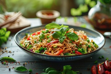 A vibrant plate of stir-fried noodles with vegetables and herbs.