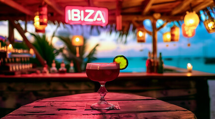 An enchanting Ibiza beach bar during sunset, with a tropical drink in focus against a backdrop of glowing lights and a serene beach scene, capturing the essence of this famous island destination.