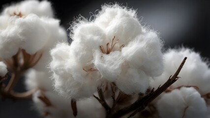 Raw cotton buds on a branch, Commodity and agriculture, Grey background.