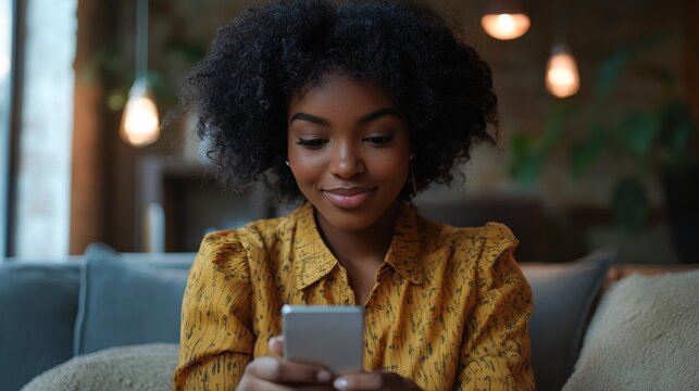 African American woman using smartphone app to donate money online, Generative AI