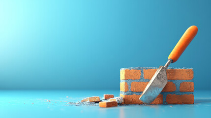 A 3D illustration featuring bricks stacked together with a trowel placed on top, isolated against a blue background. 
