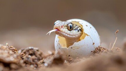 A newborn snake emerging from an egg in a natural environment, symbolizing birth, nature, and the early stages of life.