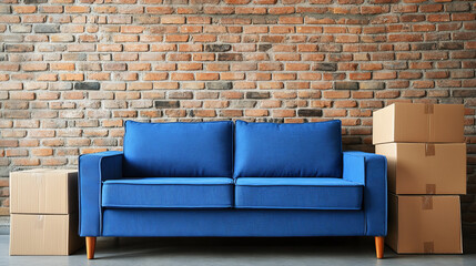  A scene featuring cardboard boxes filled with household items placed next to a blue sofa against a brick wall background